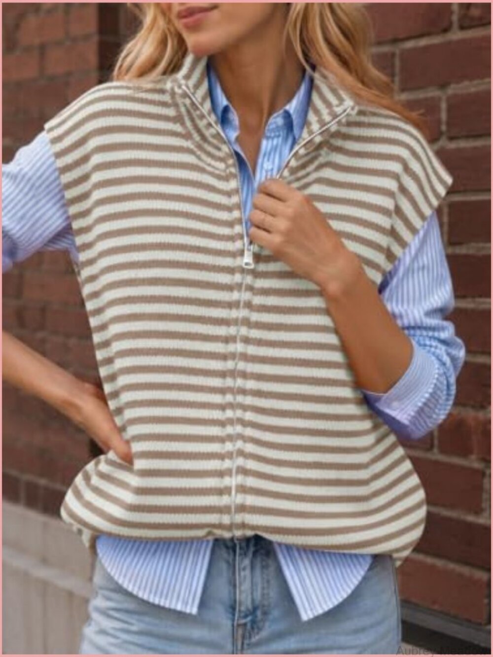 Womens Striped Zip Up Cardigan Mock Neck Cap Sleeve Sweater Vest Knit Top - Picture 2 of 6